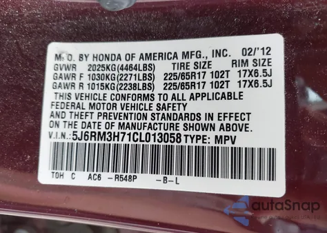 2012 Honda Cr-V Ex-L z USA, uszkodzony, nr VIN 5J6RM3H71CL013058